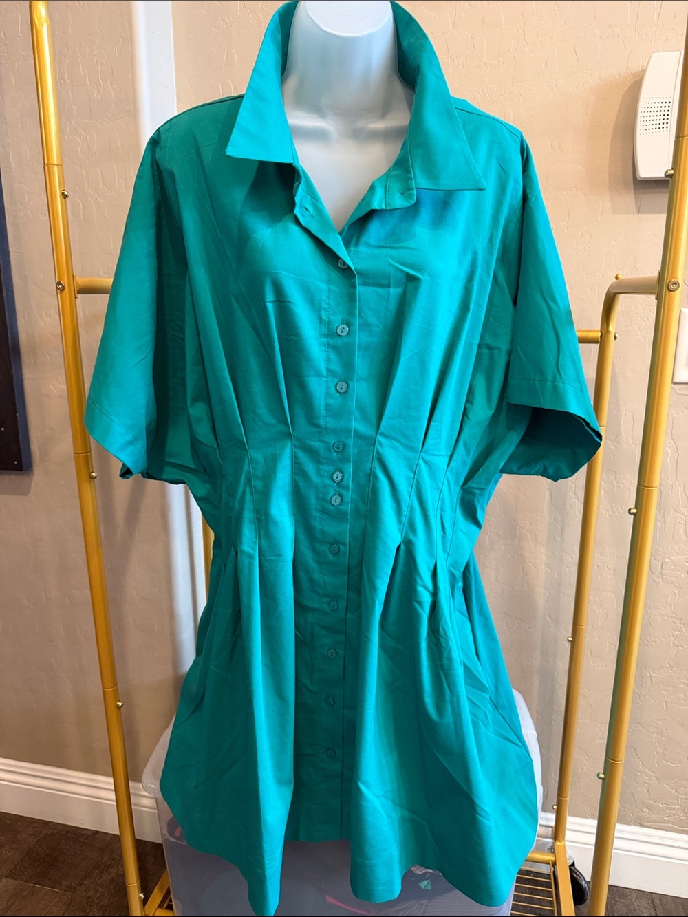Women’s Teal Button-Front Short Sleeve Shirt Dress— Classic Tailored Fit